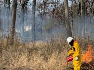 Worker in protective gear performing a controlled burn in the woods.