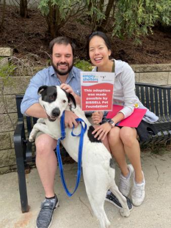Empty the Shelters: Man and woman sitting on a bench with their newly adopted black and white dog.