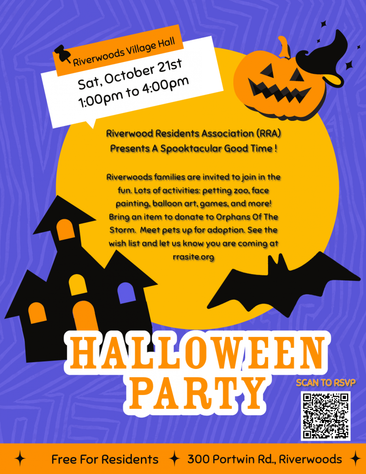 Halloween Party Invitation on October 21st, 1:00pm to 4:00pm at Riverwoods Village Hall